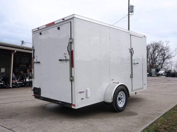 6' x 12' white enclosed v nose trailer with diamond plate floor storage