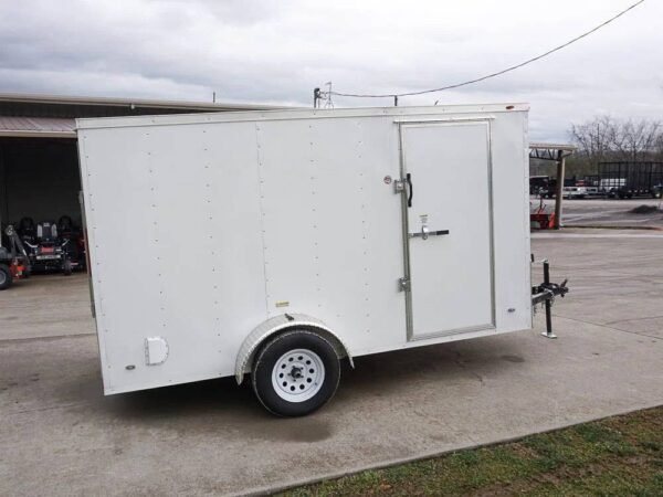 6' x 12' white enclosed v nose trailer with diamond plate floor storage